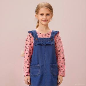 Girls 3-Piece Long Sleeve Top Denim-Style Pinafore Dress & Headban Set – Animal Print