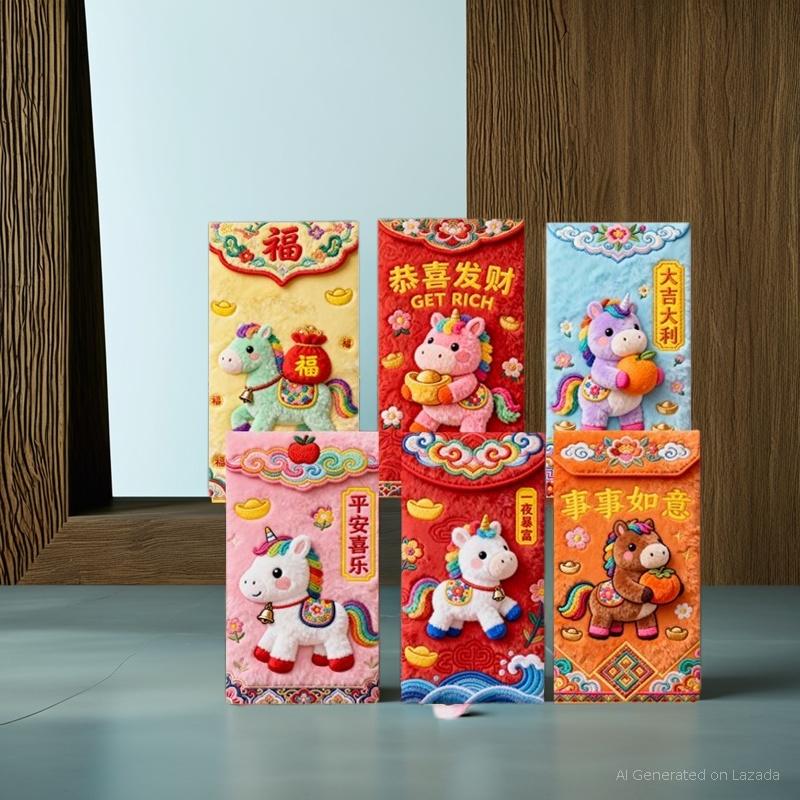 6Pcs 2026 Year of the Horse 5D Stereo Red Packets - High-End Simulation Embroidery Ang Bao | Luxury Chinese New Year Red Envelopes for Kids & Family | Cute 3D Plush Pony Spring Festival Money Envelopes 🧧🐎