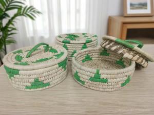 Handcrafted White & Green Sabai Grass Storage Box with Lid | Eco-Friendly Woven Basket for Kitchen Home Organization & Storage(8x3 Inches Pack of 1)