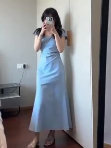 SUSIEYUAN | Đầm Dáng A Ép eo Dạng Đuôi Cá Màu Xanh cho Hình Thể Trái Lê