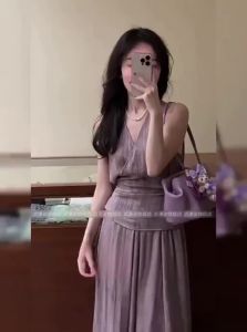 ZHENMANZI | Trendy Purple Elegant Waist Cinched Long Dress