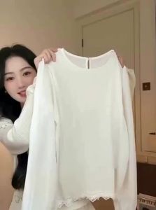 HEYINI | Sweet Lace Long Sleeve Loose Casual Womens Base Shirt Inner Wear Top Spring Autumn New Style Polyester Rayon Spandex Blend