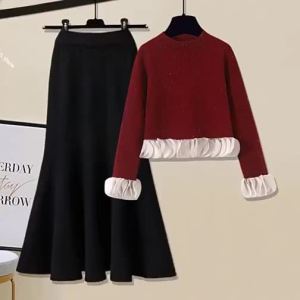 LIANGXIAQI | Bộ Áo Sweater Cổ Xẻ Hoa và Chân Váy Xòe Phong Cách Pháp Sang Trọng