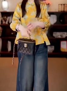 Shalldoer | Autumn New Style Womens Chinese Nationalistic Long Sleeve Shirt And Jeans Two-Piece Set With Button Collar Traditional Fashion