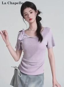 La Chapelle | Áo thun nữ màu tím cổ buộc dây trễ vai tay ngắn kiểu dáng bất đối xứng ôm sát