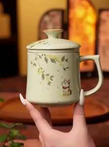 jisu | Ginger Flower Cat Ceramic Tea Cup with Lid